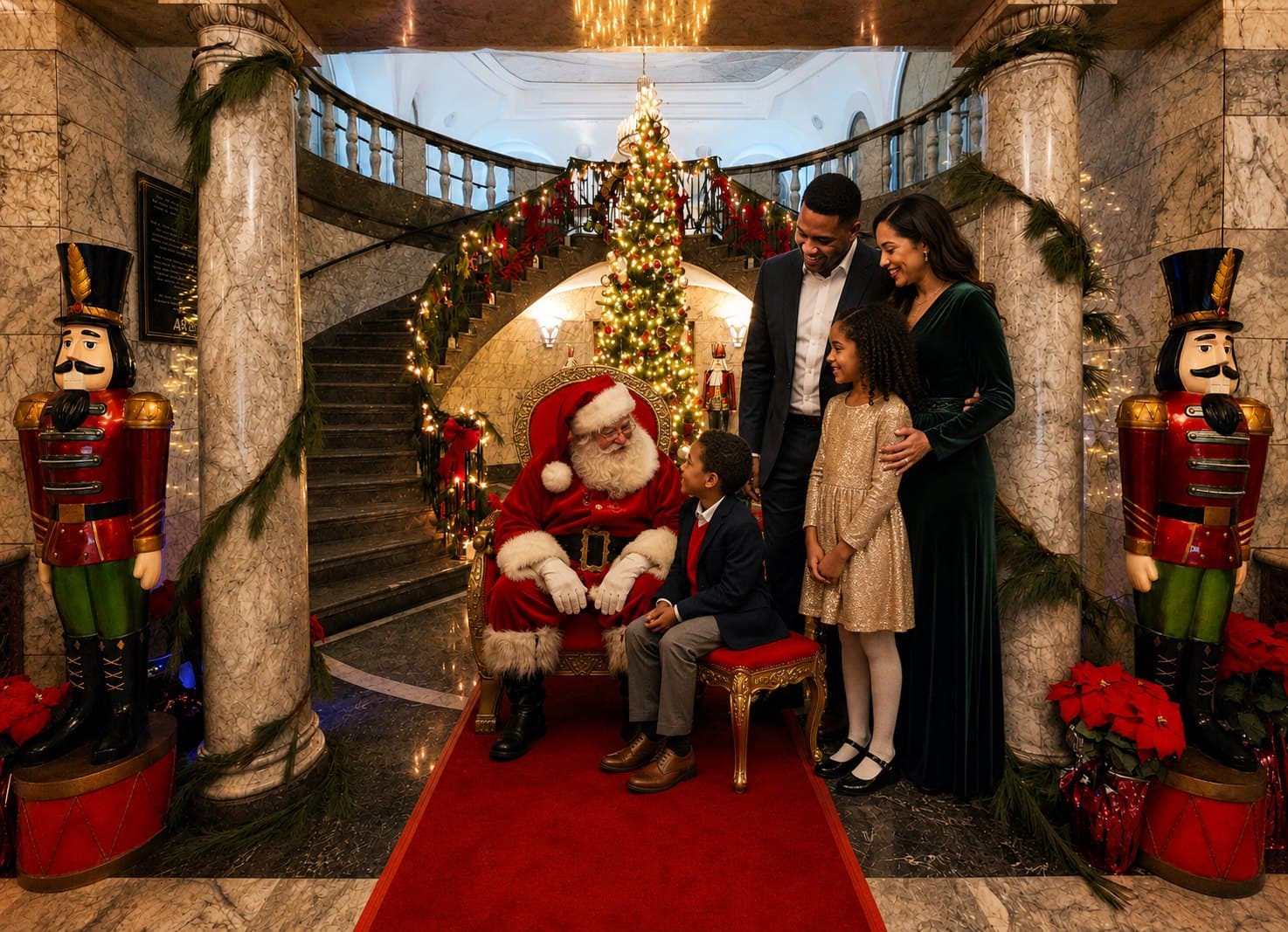 Santa welcoming a family in the holiday decorated lobby of 48 Wall Street, New York
