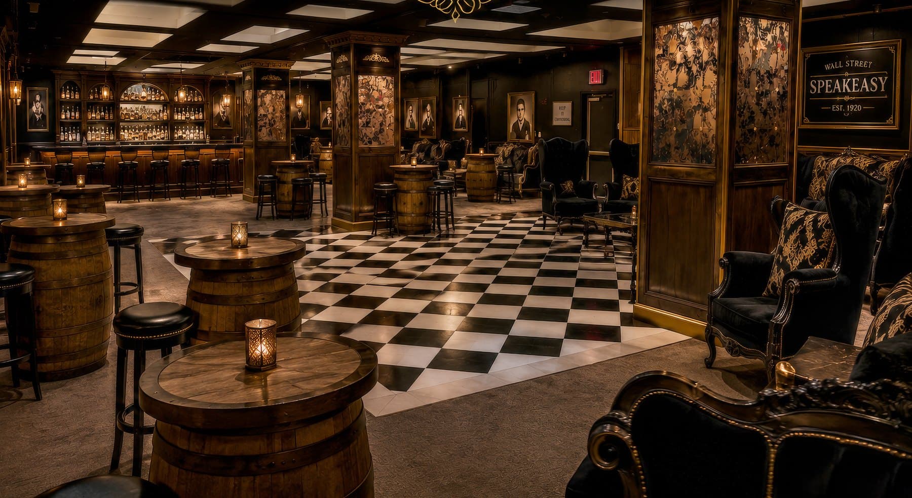 The Hidden Holiday Speakeasy beneath 48 Wall Street: dark wood bar, candlelight and barrel highboy tables
