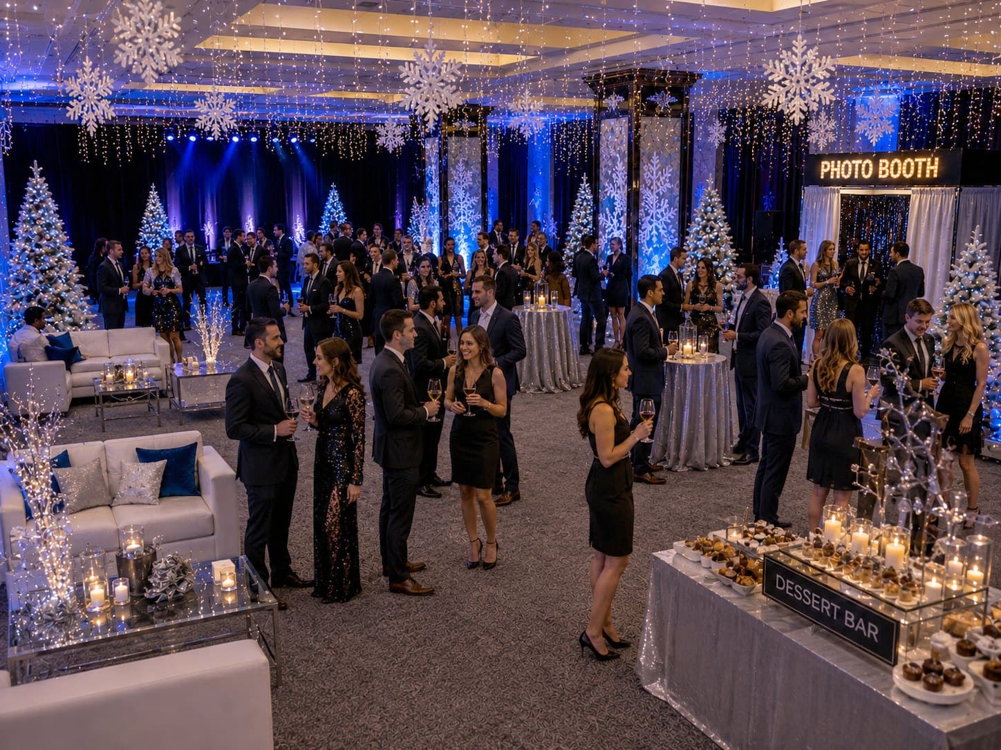Winter Wonderland installation in The Vault at 48 Wall Street: illuminated winter trees, suspended snowflakes and candlelit lounge seating