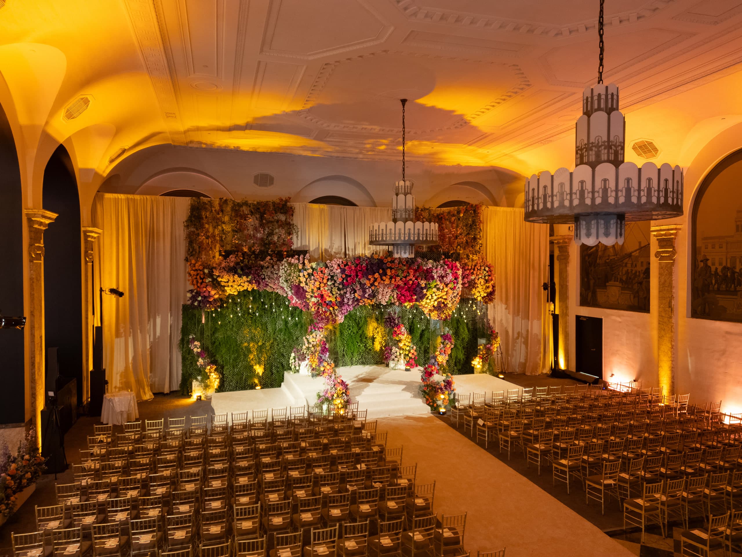 Custom event design and decor in the Grand Mezzanine at 48 Wall Street, NYC