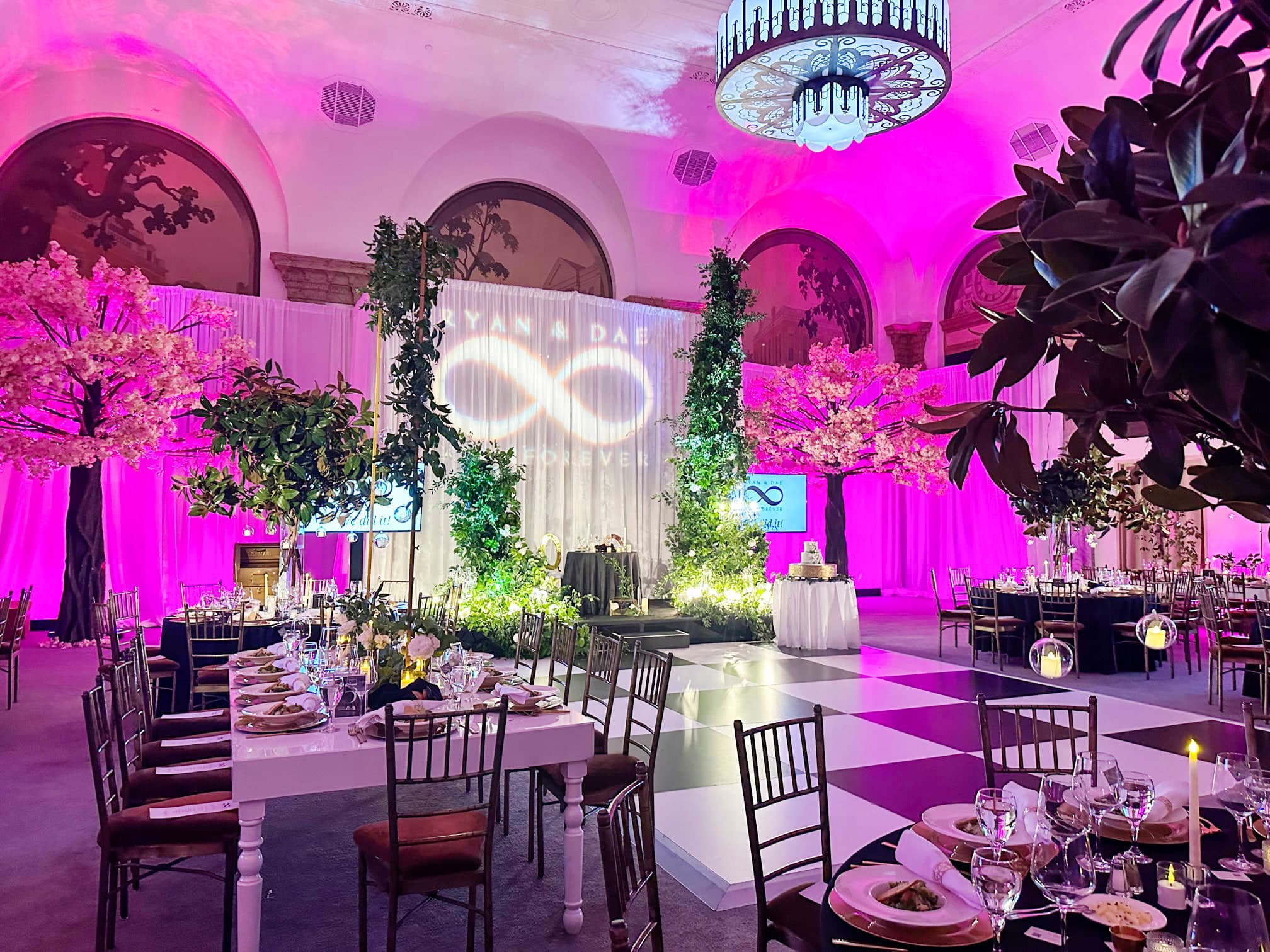 Branded scenic environment designed for an event at 48 Wall Street