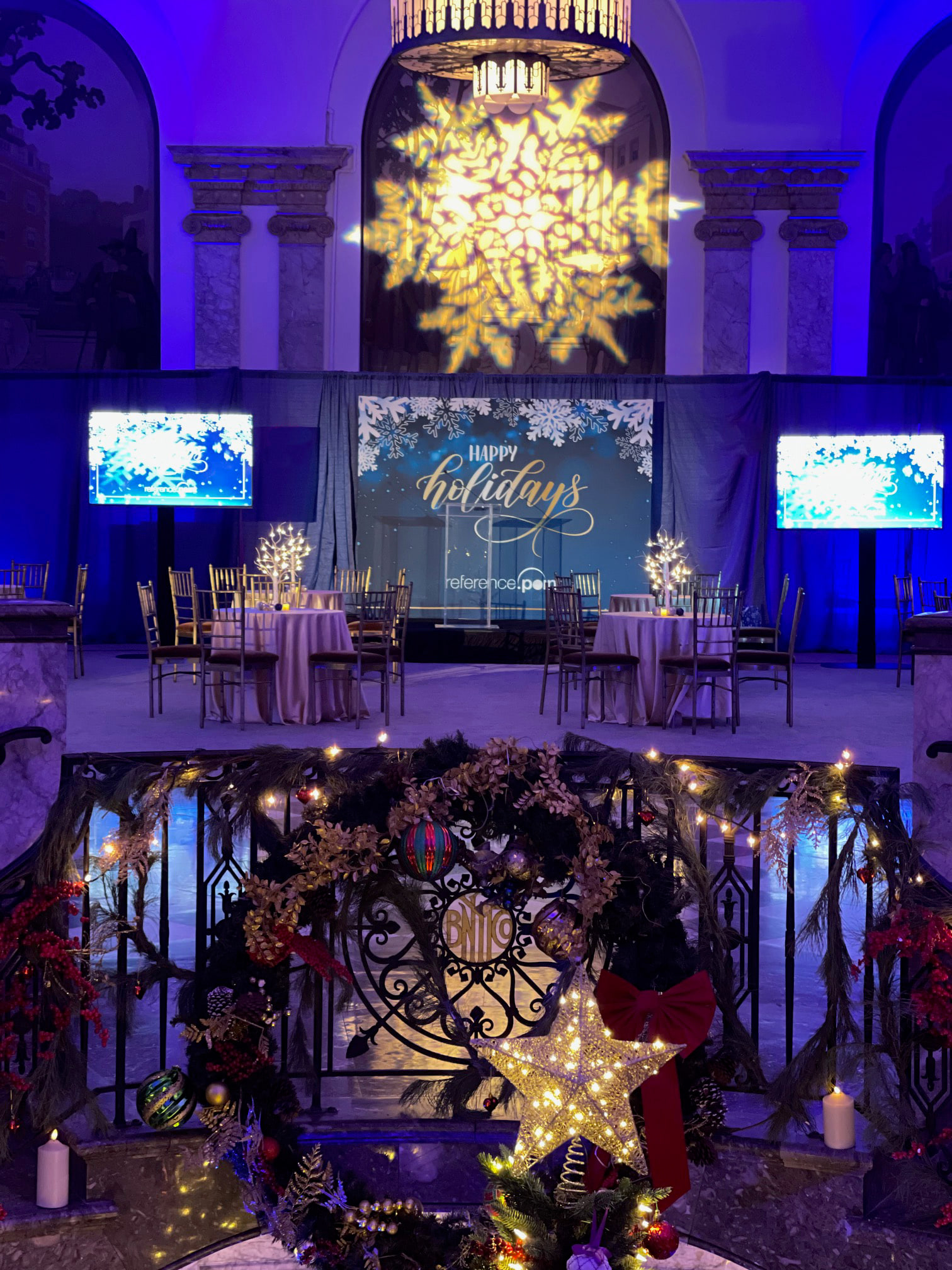 Festive holiday reception under crystal chandeliers